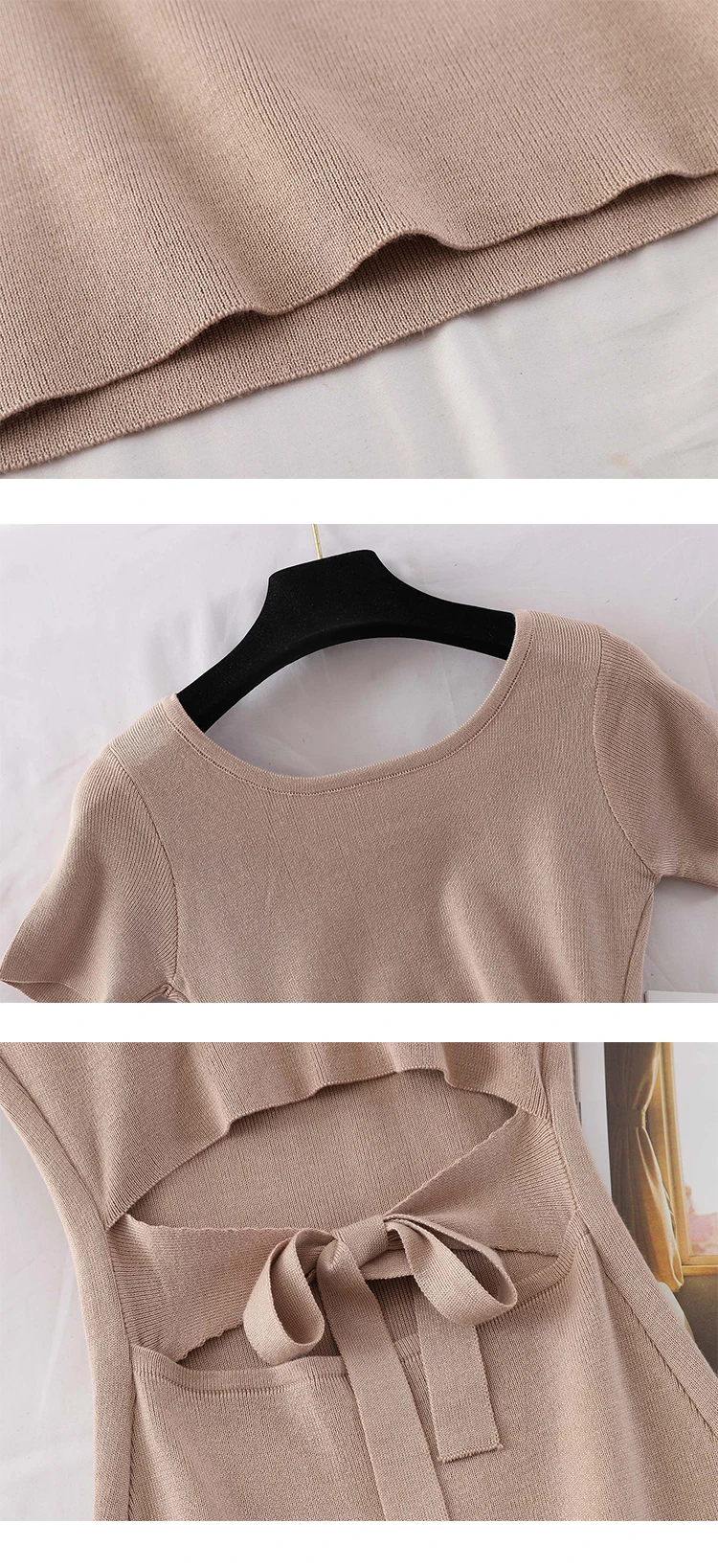 

Women Sexy Bow Tie Waist Hollow Out Dress Casual Summer Backless Short Sleeve Dress Female Knit Thin Hip Short Dresses Vestidos