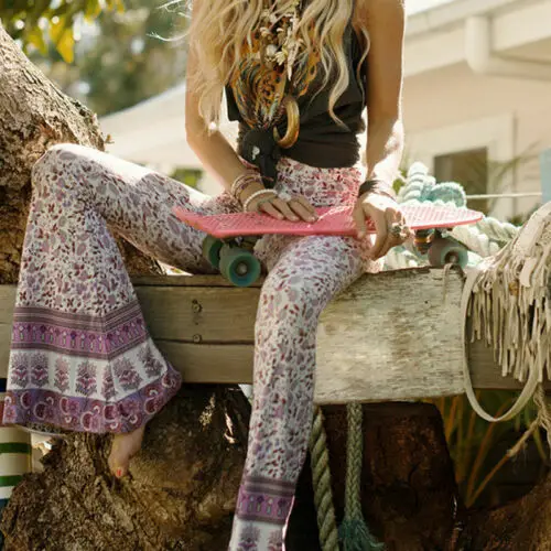 

Women Boho Hippie High Waist Long Pants Fashion Floral Print Wide Leg Long Flared Bell Legging Pant Summer Streetwear Trouser