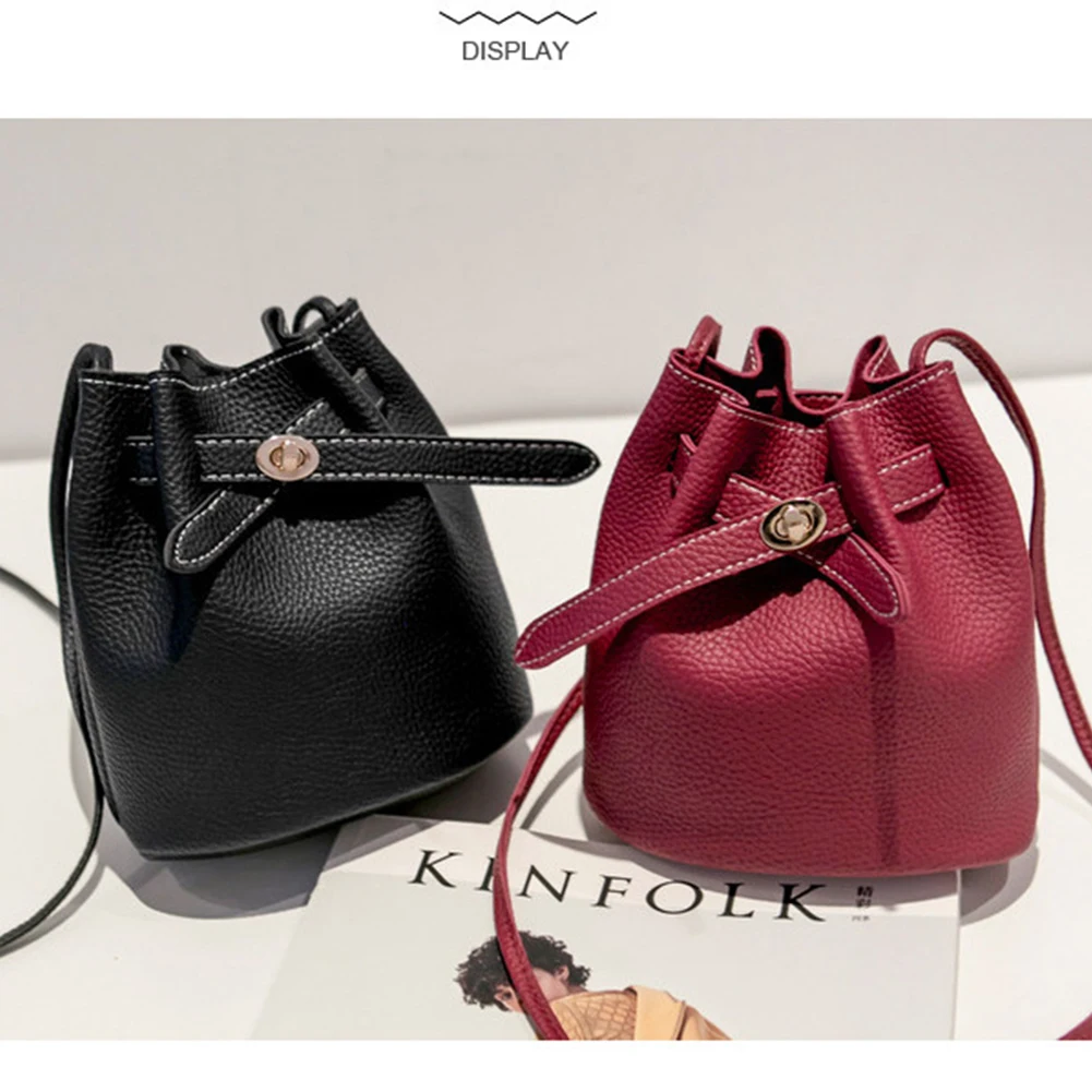 

Women Holiday Accessories With Buckle Bucket Bag Single Shoulder Cross Body Gift Portable Purse Lichee Texture Solid PU Leather