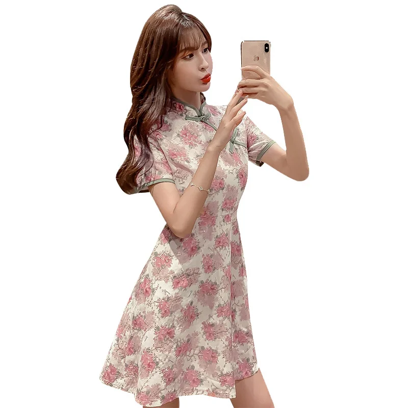 

2021 Summer New Chinese Fashion Retro Improved Cheongsam Embroidered Printed Slimming Dress for Women Fashion