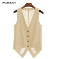 2022 new summer linen vests for women v neck single breasted thin waistcoat vintage casual office lady sleeveless coat tops