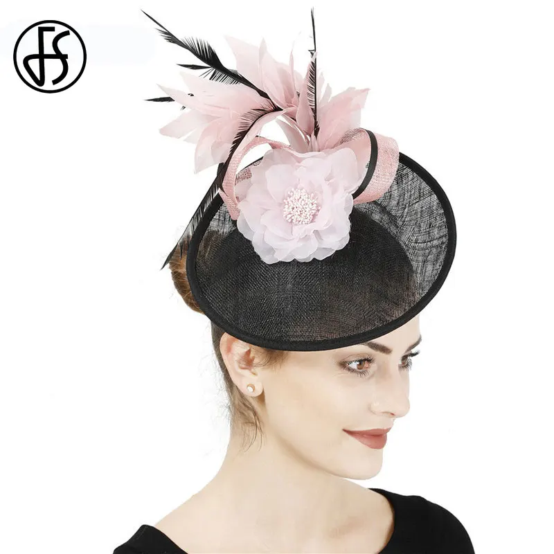 FS Sinamay шляпы Кентукки Дерби большая Вуалетка женская шляпа Элегантная черная