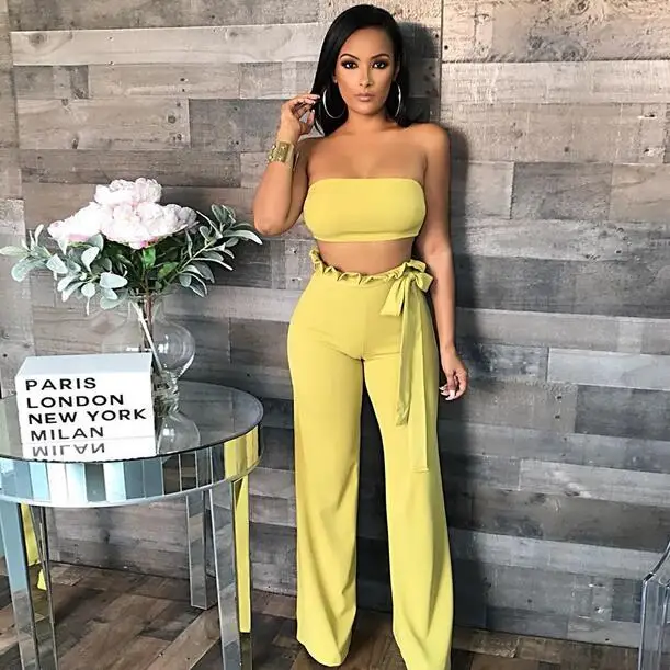 Women Sexy Two Piece Pants Set Strapless Crop Top and 2 Solid Ruffles Wide Leg Trousers 2pcs Outfit DW651 | Женская одежда