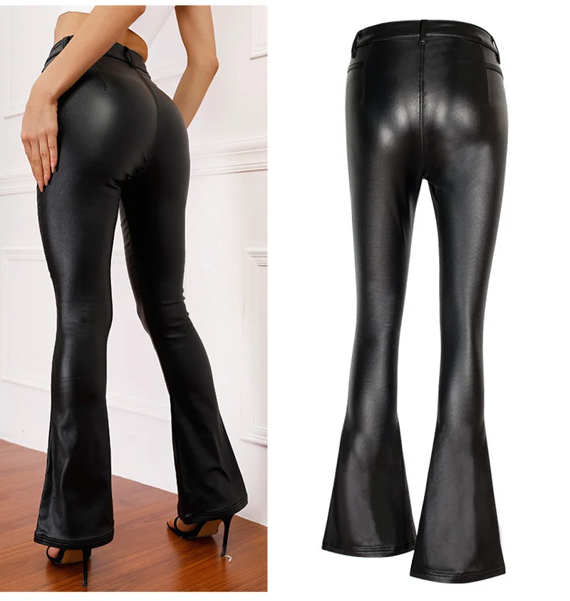 Осенние кожаные брюки для женщин эластичные Облегающие расклешенные с высокой