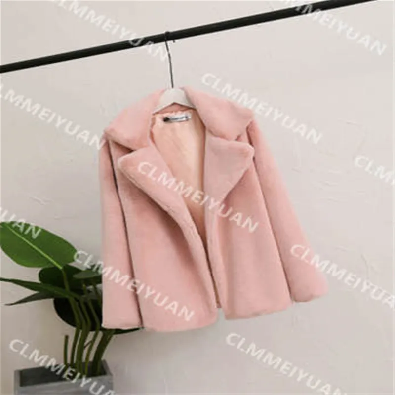 Pink Осенне-зимняя одежда, толстое плюшевое пальто с мехом, большие размеры, Женское пальто с искусственным мехом, одноцветная свободная Меховая куртка из меха кролика рекс - Цвет: Pink