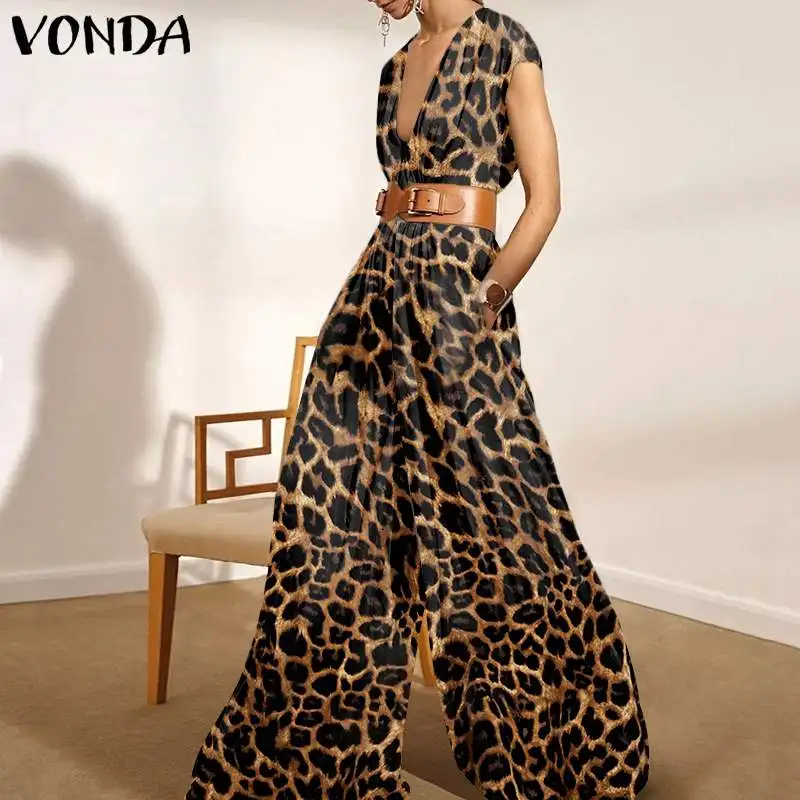 

Elegant Jumpsuits 2022 Women Deep V Neck Leopard Print Jumpsuits Femme Wide Leg Pants Playsuits PalazzoTrousers Pantalon