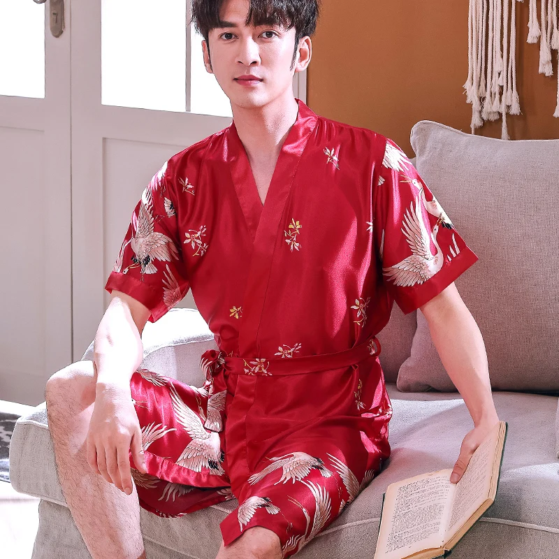 Large Size Relax Couples Robe Men Summer Silk Nightgown Sleepwear Nightshirt Bathrobe Kimono Gown Long Sleeve Home Dressing Gown