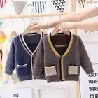 Детский однотонный кардиган с карманами, трикотажный свитер для мальчиков ясельного возраста, весна-осень 2021