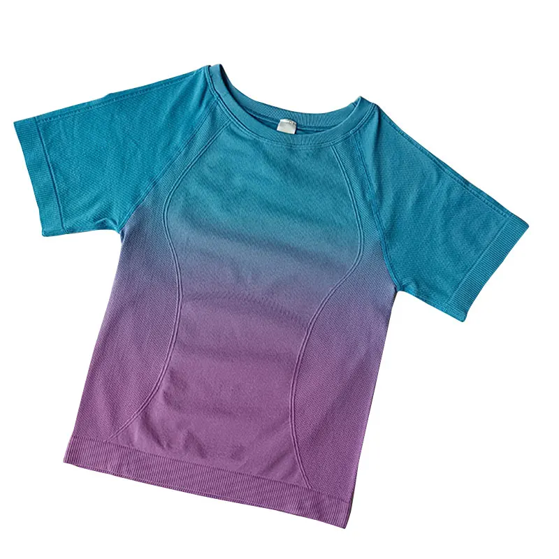 

Женский топ с коротким рукавом и градиентом, бесшовные рубашки для йоги, бега, фитнеса, тренировок, высококачественные спортивные быстросох...