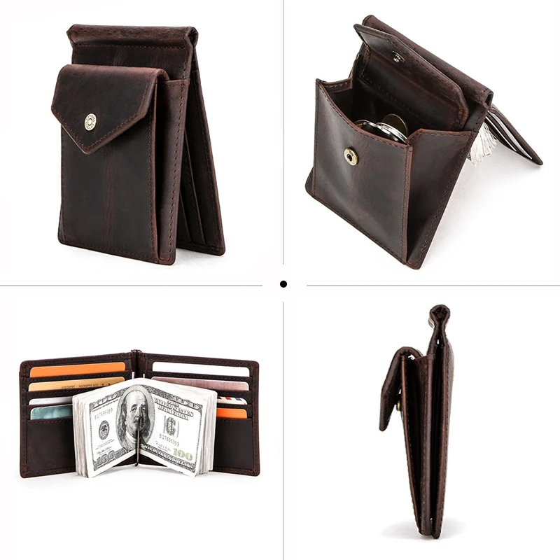 Free Engraving Name Slim Money Clip Money Case Genuine Leather Card Wallet Men Women Bifold Wallets with Coin Pocket Gift
