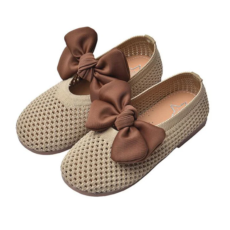 Детские туфли на плоской подошве для девочек с большим бантом дышащие мокасины