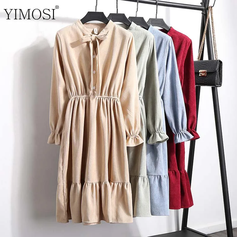 Женское вельветовое платье миди повседневное однотонное с длинным рукавом и