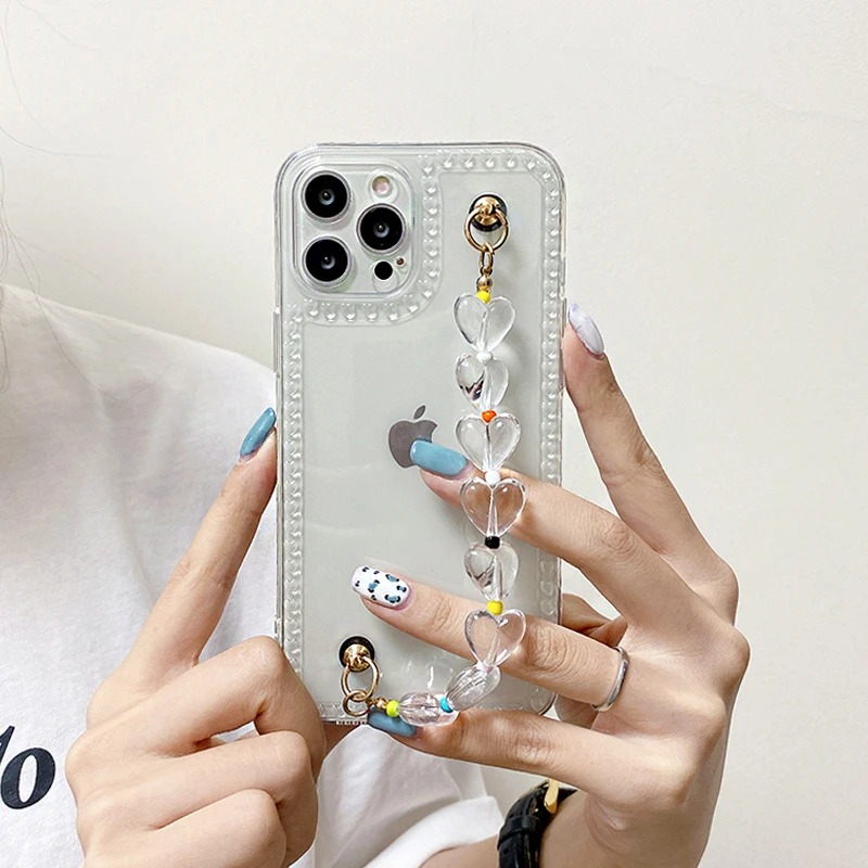 

Cute love heart frame Phone case for iphone 12 11 pro max mini SE2020 7 8 plus X XR XS MAX clear soft cover with phone hang rope