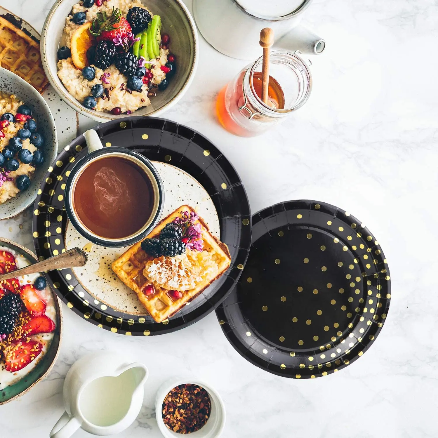 

Disposable Dinnerware Black Gold Party Supplies Golden Dot Paper Plates Tableware Sets for Graduation Birthday Cocktail