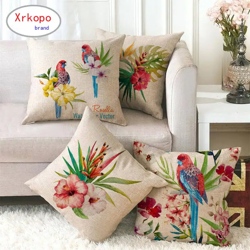 

45cm*45cm watercolor Parrot pattern linen/cotton throw pillow covers couch cushion cover home decor pillow