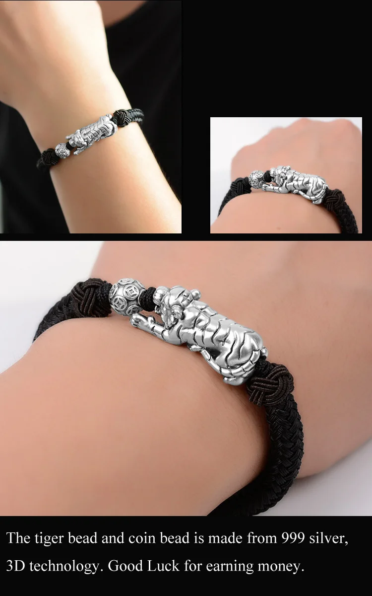 

Handmade 999 Silver Tiger Bracelet Pure Silver Fengshui Wealth Bead Bracelet Good Luck Bracelet withdrawing Money