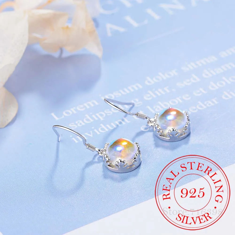 

925 Sterling Silver Round Moonstone Drop Earrings Hypoallergenic For Women Fashion Wedding Gift Jewelry