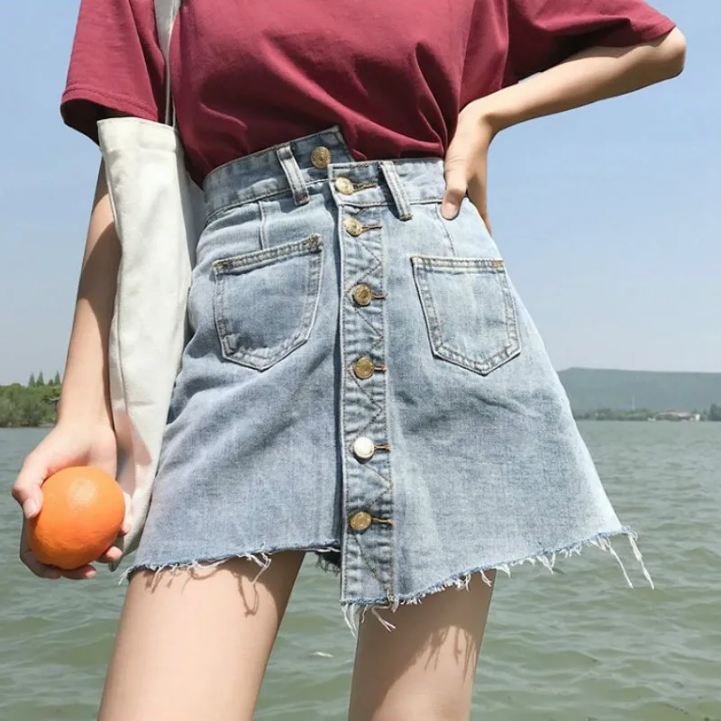 

New High Waist Jeans A-line Skirt Women's Korean Version with Irregular Burr Students' Skirt Is Thin and Versatile Short Skirt