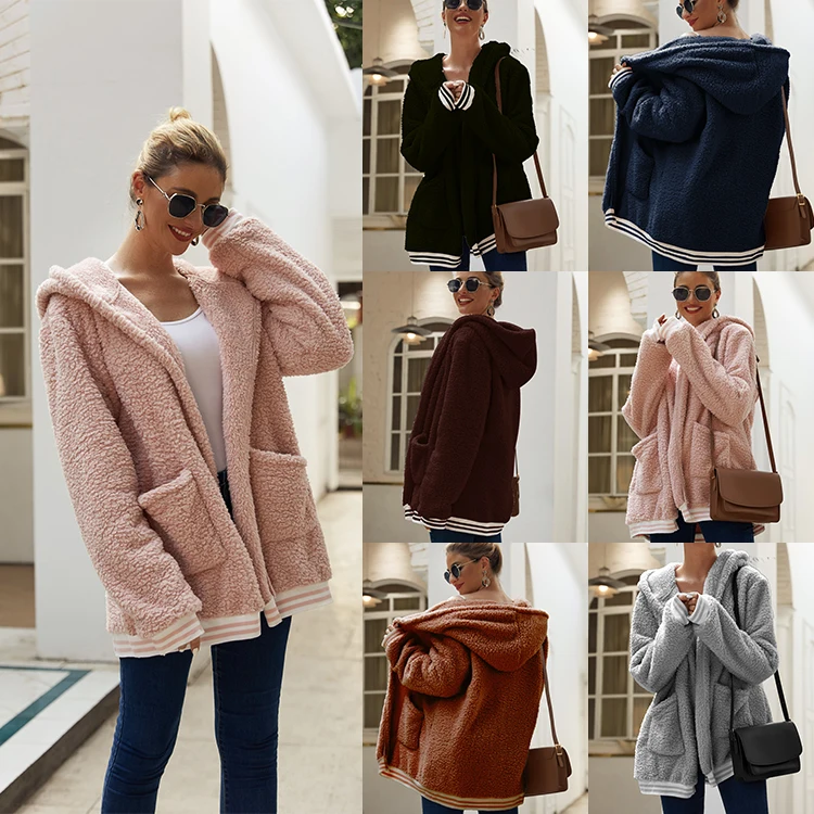 

2021 Fall/Winter Hooded Thick Plush Jacket Mid-length Top Solid Color Casual Pocket Cardigan Warm Fleece Ladies Jacket