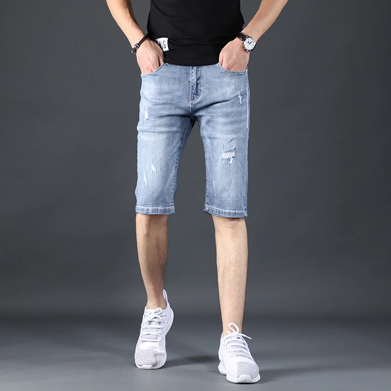 

Джинсовые мужские рваные шорты, прямые джинсовые брюки стрейч светло-голубого цвета, уличная мода, брюки до колена