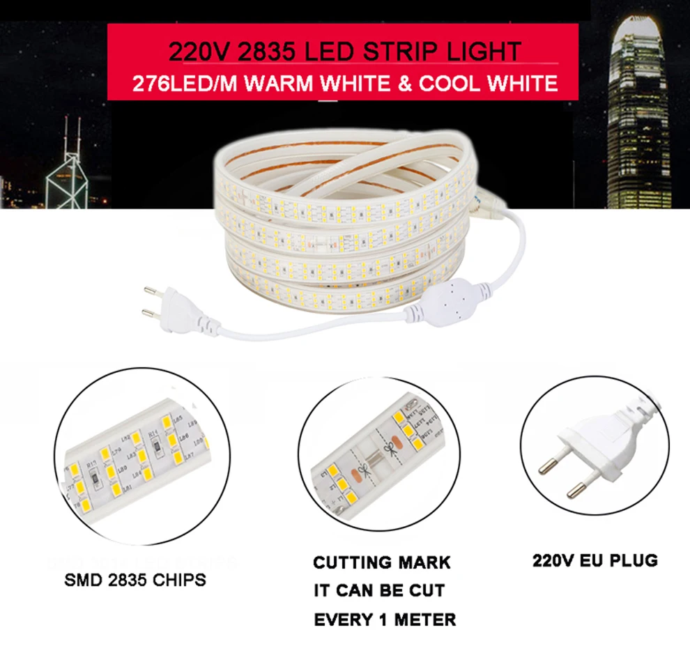 276 светодиодный s/m SMD 2835 Светодиодная лента 220 В лампа водонепроницаемый трехрядный светодиодный ленточный светильник гибкий светодиодный светильник уличная декоративная подсветка