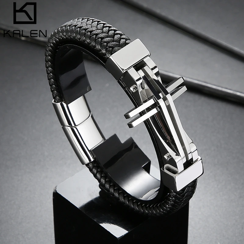 

Luxury Multicolor Cross Design Classic Stainless Steel Men's Leather Bracelet 21 cm Choose Handsome Men's Christmas Gifts