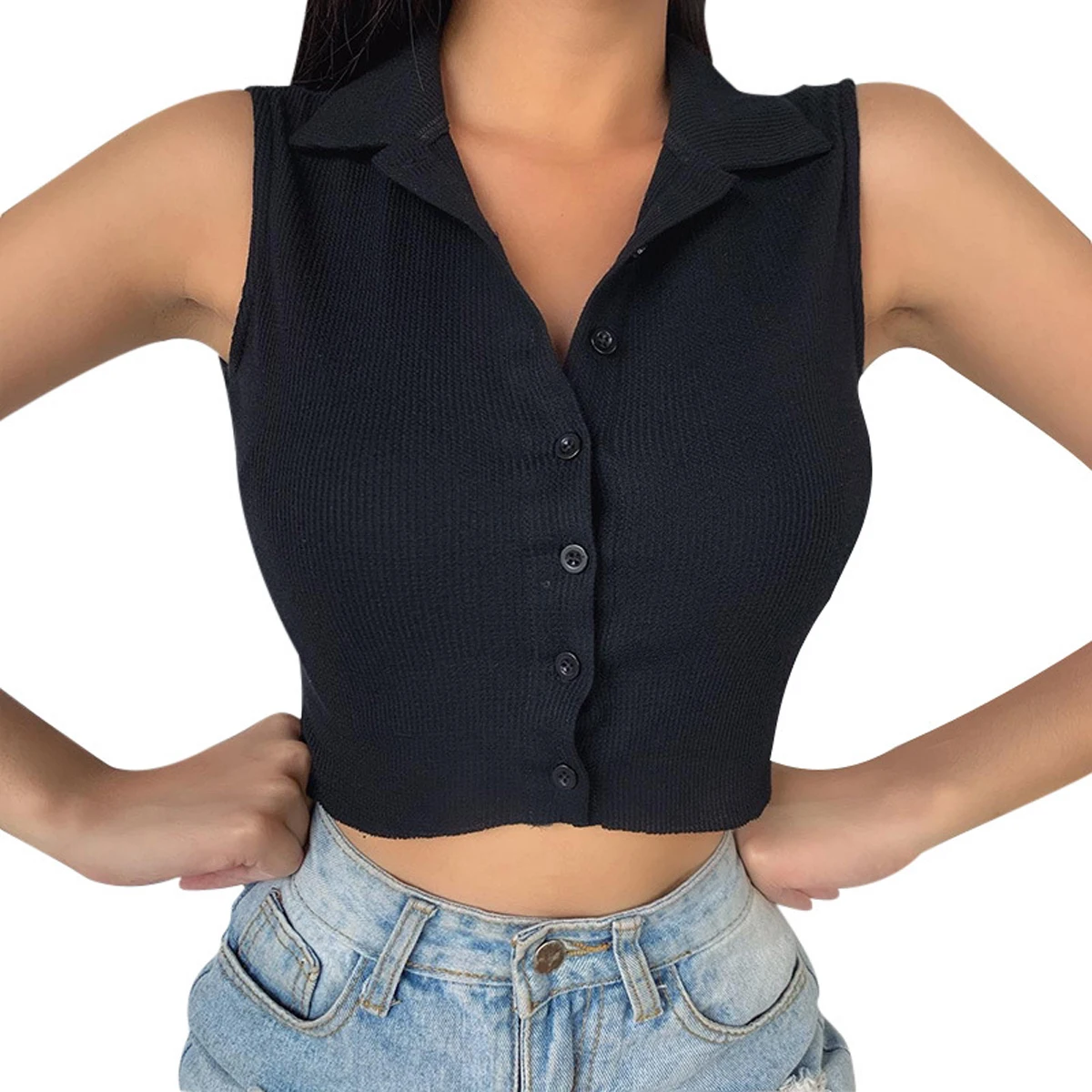 Женский сексуальный топ без рукавов с пуговицами летний однотонный для