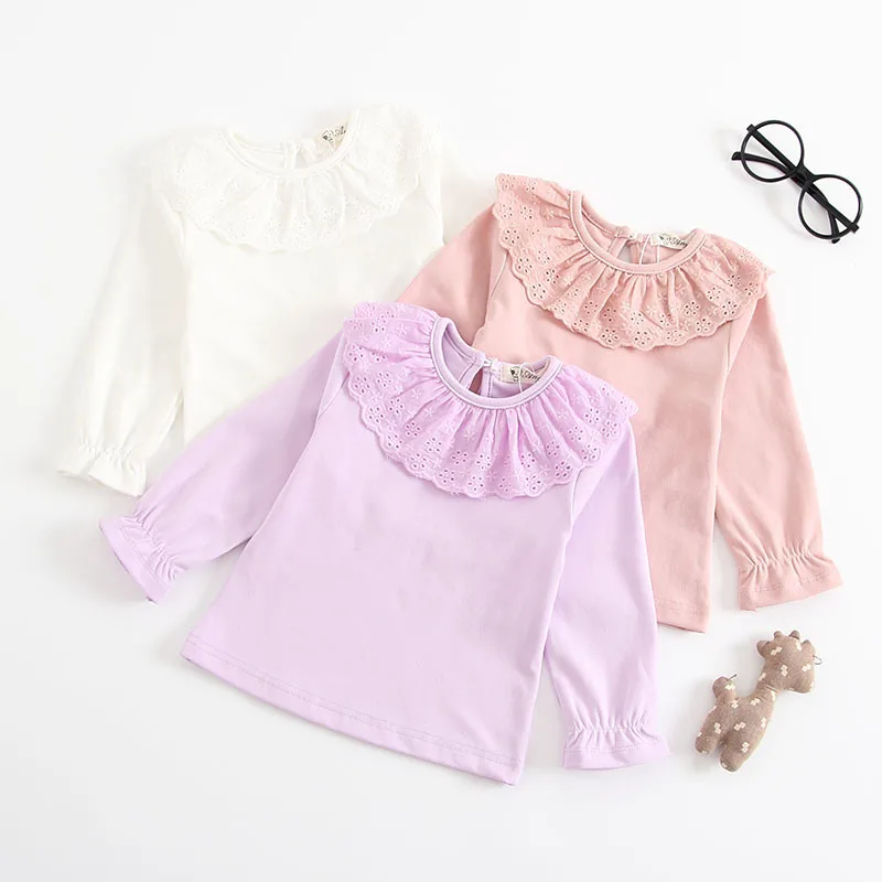 Baby Girls Tops Blouses Spring Cotton Baby Girl Blouse Autumn Long-Sleeve White Lace Princess Shirts Embroider Baby Clothes