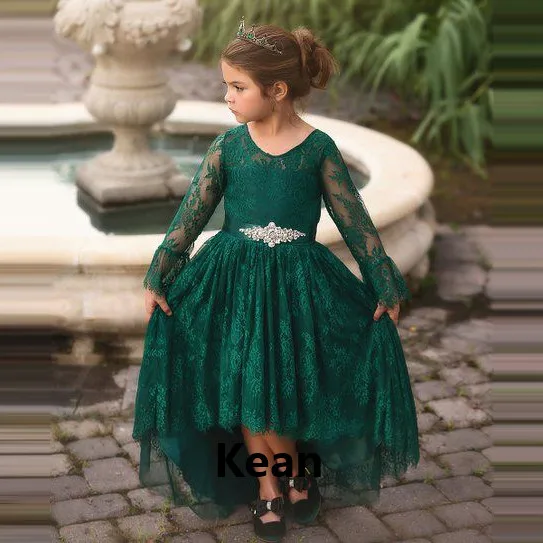 

Зеленые кружевные платья с цветочным рисунком для девочек на свадьбу, платья с длинными рукавами и цветами для малышей на Первое причастие ...