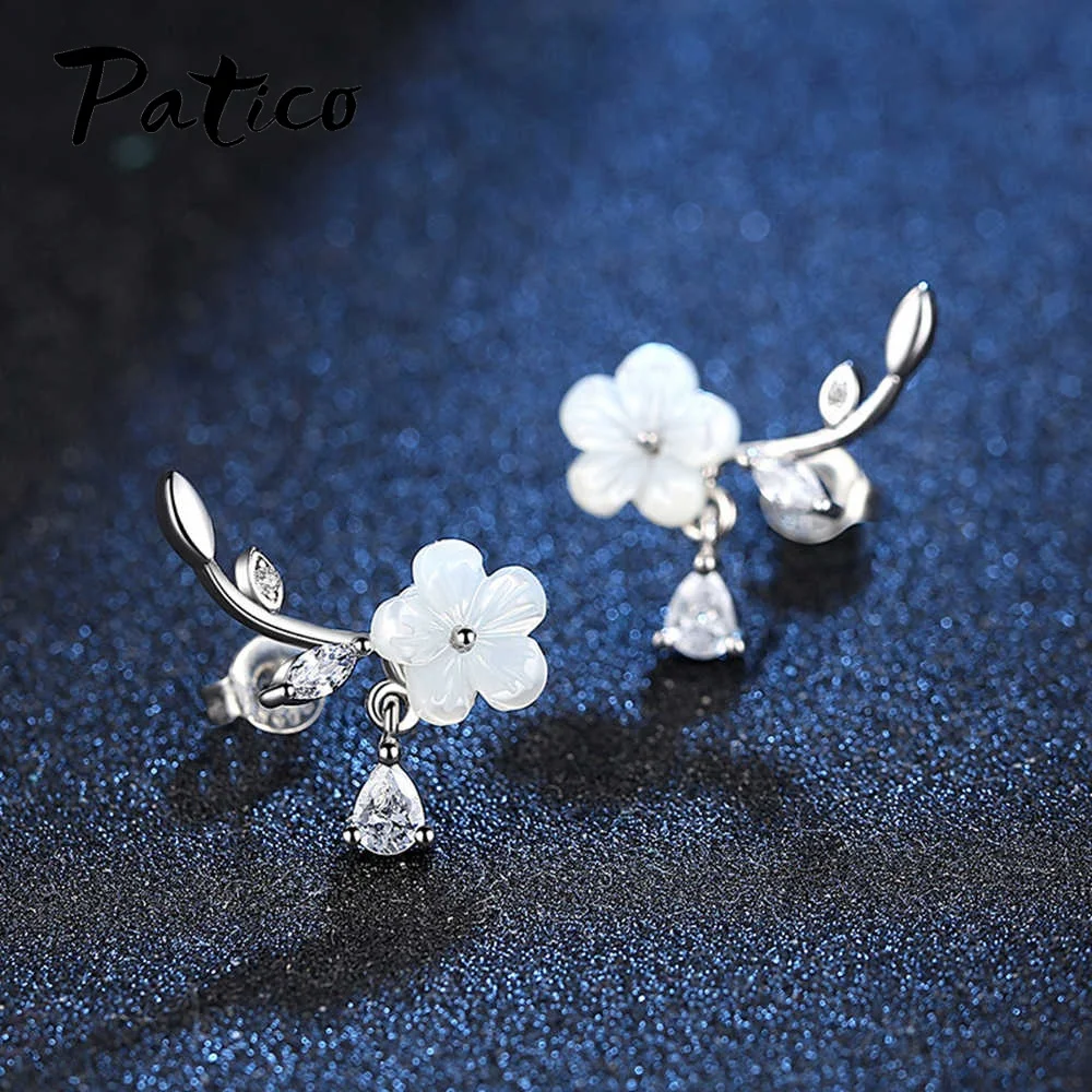 

Korean Fashion 925 Sterling Silver Plum Blossom Leaf Flower Coquillage Stud Earrings For Women Piercing Cubic Zirconia Jewelry