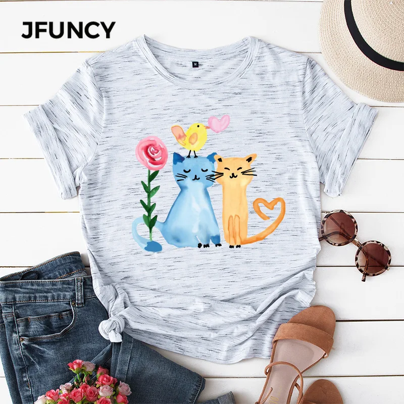 JFUNCY 100% хлопок женская футболка с принтом счастливые кошки летние женские