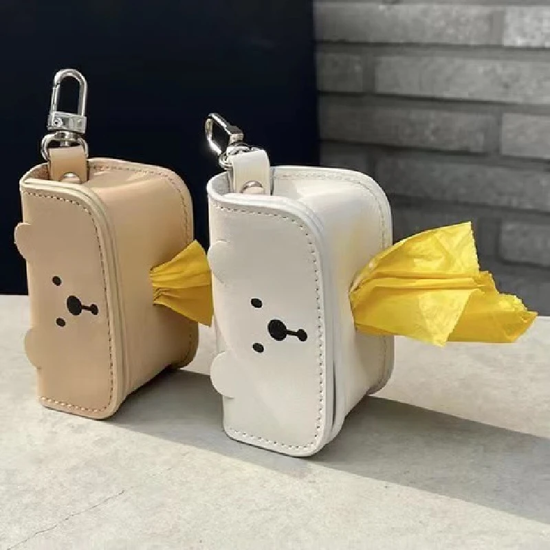 

2022INS Korea Pet Puppy Cat Pick Up Poop Bag Dispenser Portable Dog Poop Leather Bag Holder Outdoor Pets Garbage Bags Organizer