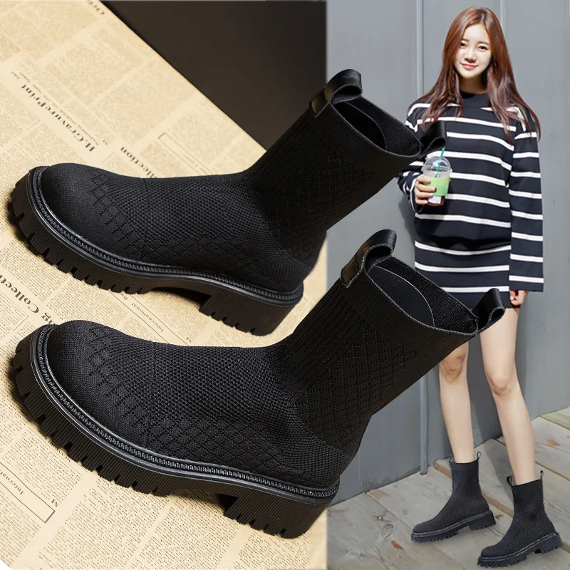 

Knitted Booties Round Shape Women Socks Shoes Black Elastic Fabric Mid Heel Winter Increase British Style Women Single Boots