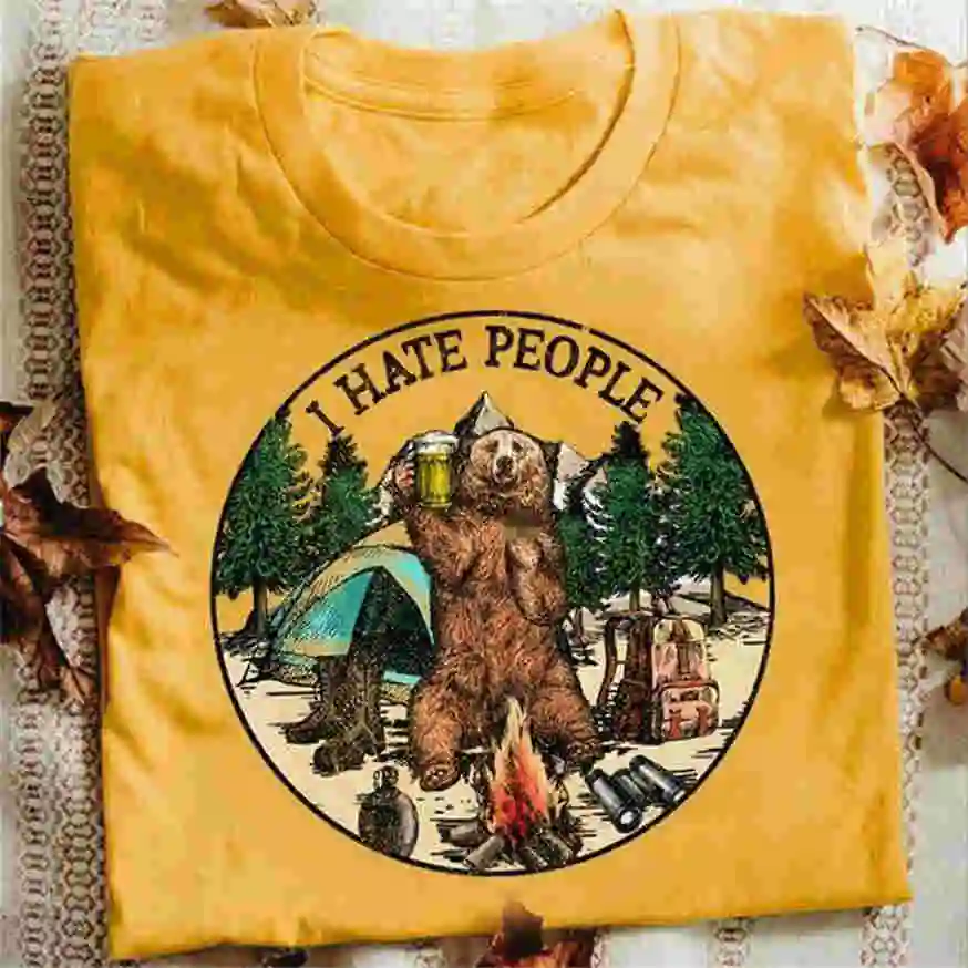 Кемпинг Медведь I Hate люди футболка Золотой Хлопок для мужчин S 6Xl свободные