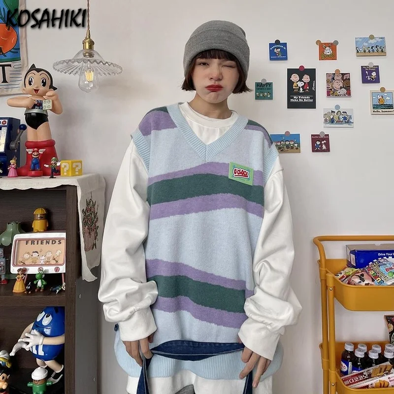 

KOSAHIKI Gradient Striped Knitted Vest Women V-Neck All Match Jumpers Warm Vintage Korean Pullovers Casual Waistcoat Autumn
