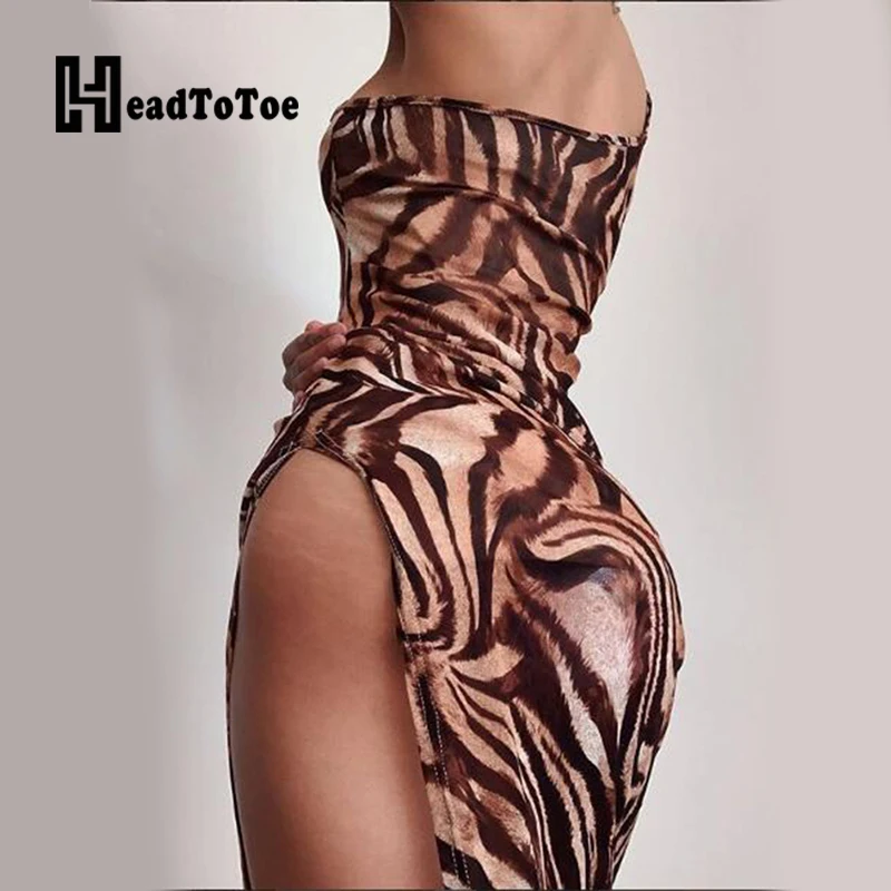

Leopard Print Sexy One Shoulder High Slit Bodycon Summer Dress for Women
