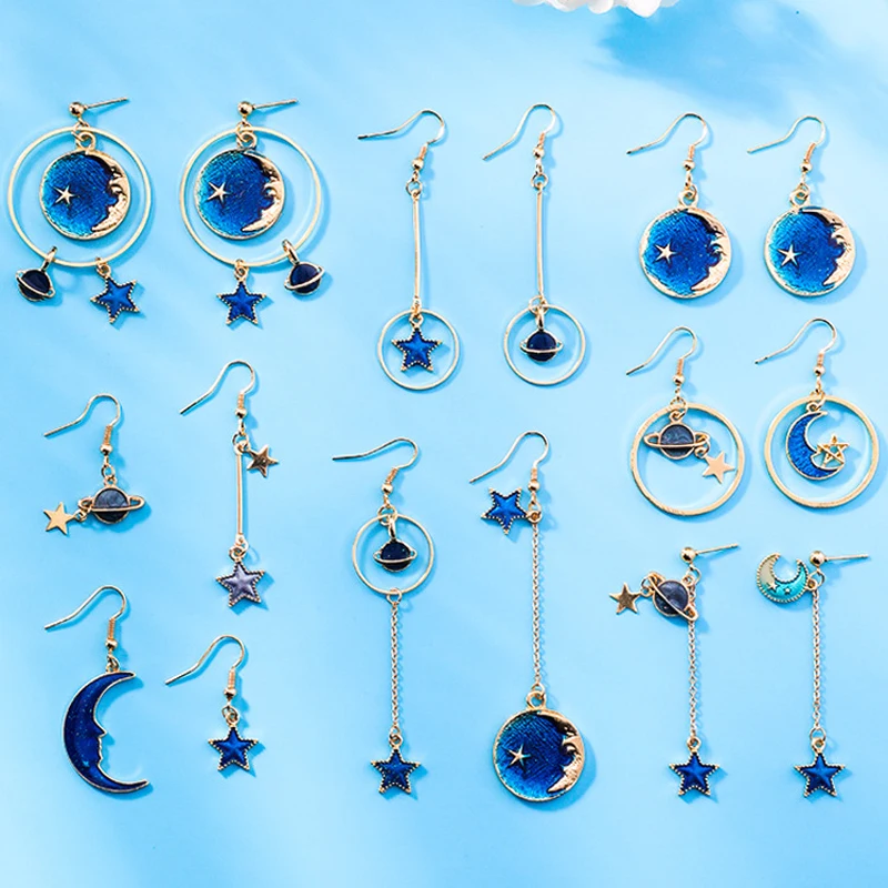 

New Hot Fashion Blue Space Universe Moon Star Earrings For Women Gold Color Universe Planet Circle Asymmetry Long Earrings