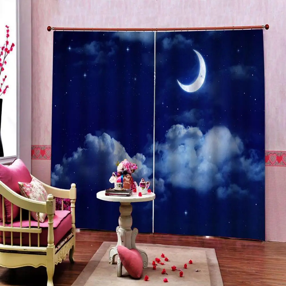 Шторы декор для гостиной спальни 2 панели занавеска с окошком ночным синим небом s