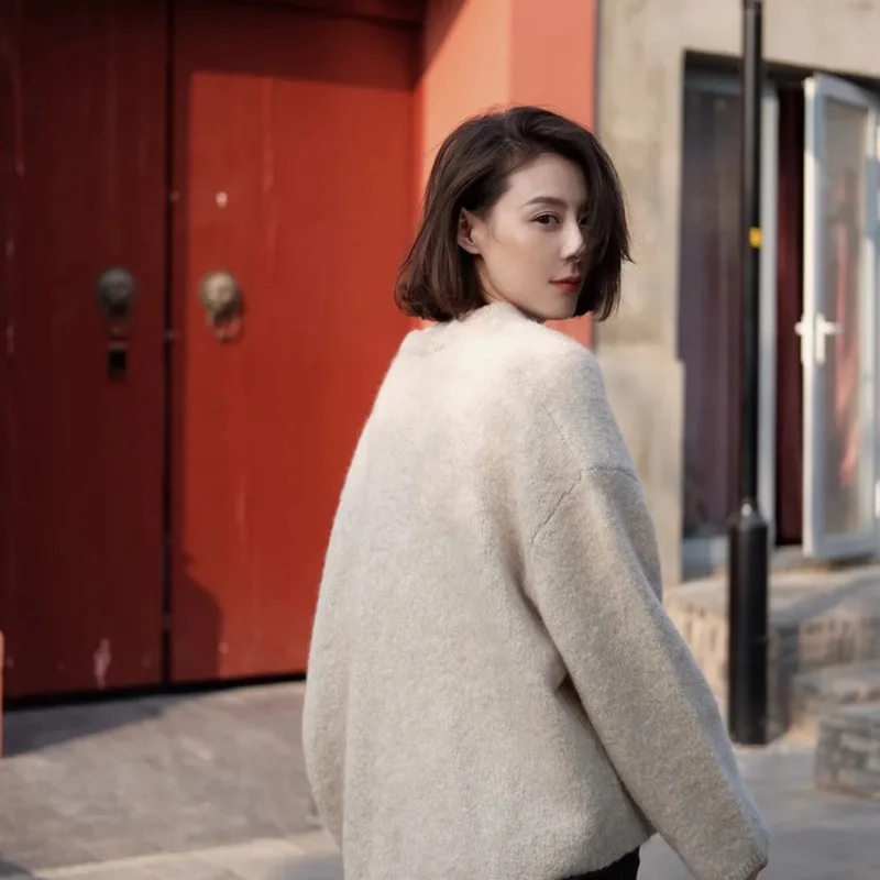 

"Spot" Nordic style T cardigan cardigan women's loose diagonal buttons asymmetric cashmere sweater