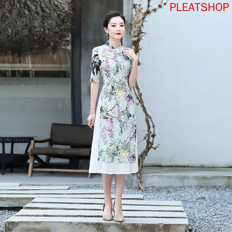 Summer Slim Fit Breathable Long Viscose Georgette Printed Improved Cheongsam qipao qi pao qi pao dress women clothes vestido