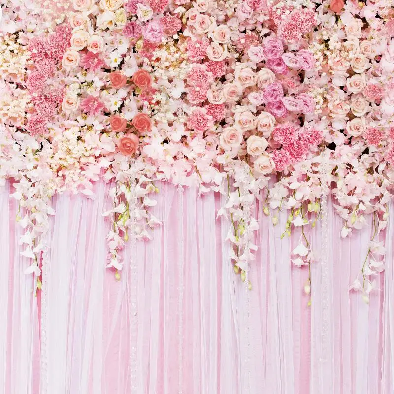 

Pink Flowers Curtain Wedding Photo Background Newborn Baby Shower Kids Portrait Love Couples Photography Backdrop