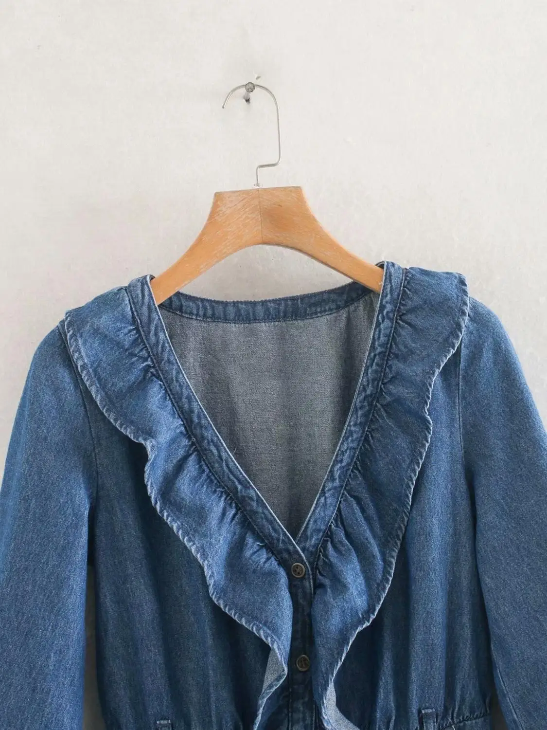 Женское винтажное джинсовое мини-платье с V-образным вырезом оборками и рукавом