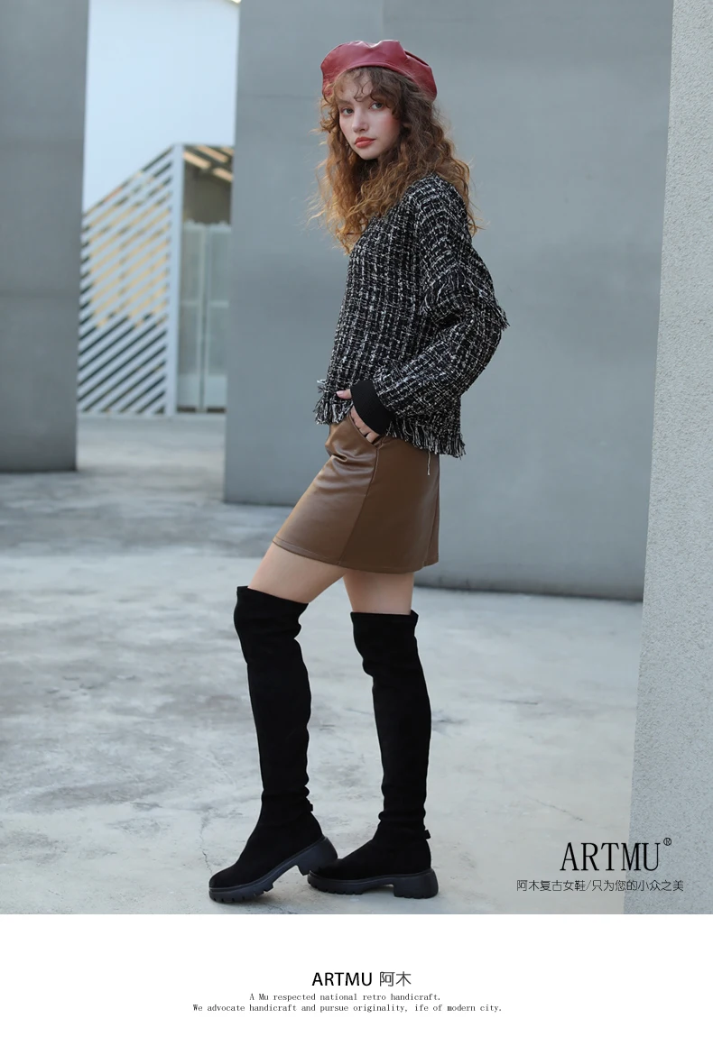 Artmu Original Women Boots Over-the-knee Butterfly Thick Bottom Elastic Boots Thin Boots Handmade High Boots New Black 9013