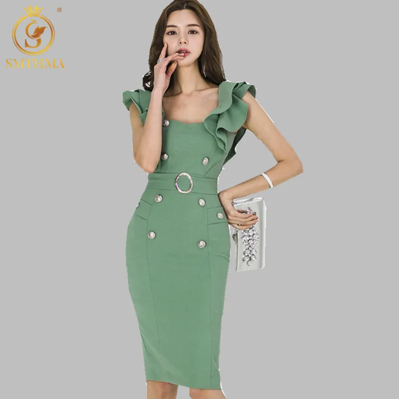 SMTHMA 2021 новые летние однотонные двубортные корейские OL платья для женщин с