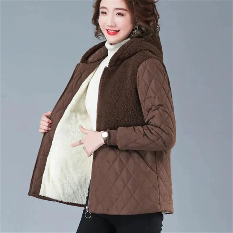 

Lamb Velvet Hooded Cotton Jacket For Women Padded Jacket Winter Loose Warm Outwear Stitching Parker Women lambswool Jacket Coat