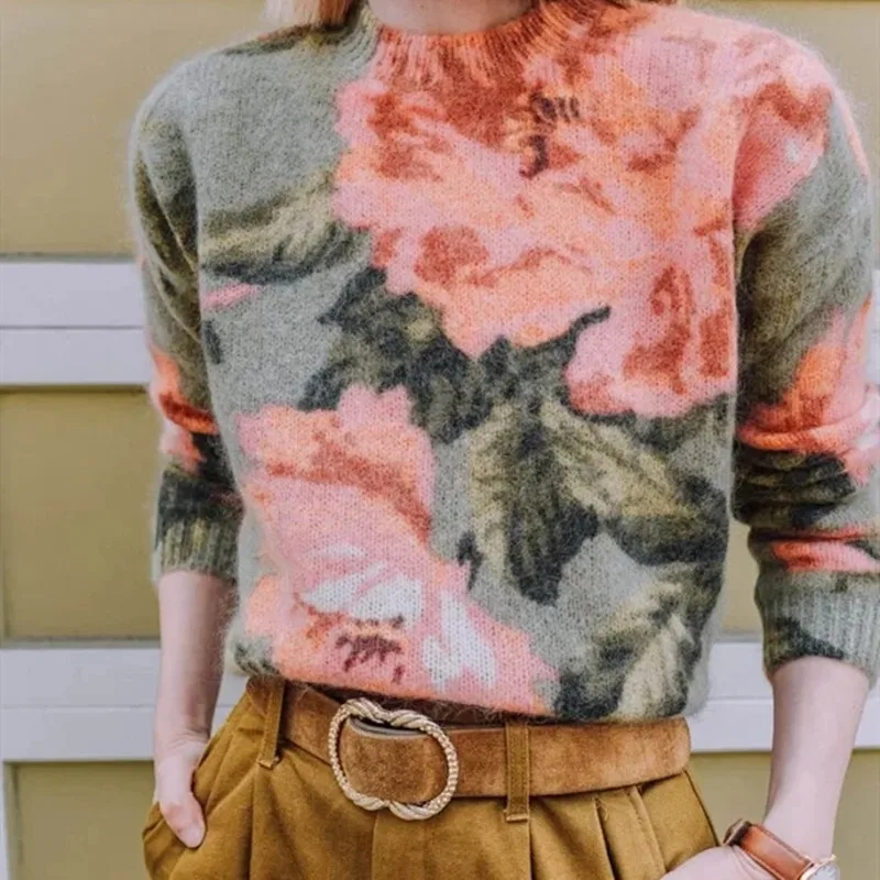

Women Multi-colored Oil Painting Printing Sweater O-neck Long Sleeve Loose Jumper 2021 Autumn Ladies Knitted Pullover Femme Tops