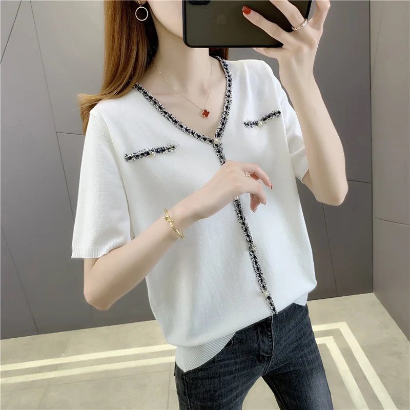 

20346 (room 3, row 9, top 3) real shooting V-neck fake pocket short sleeve Pullover Sweater [1026] 29