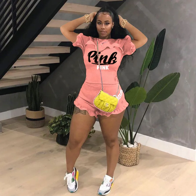 

Pink Print Ruffles Two Piece Set Women Tracksuit Crop Top+Biker Shorts Sets Sport Casual Jogging Femme Outfits Summer 2021
