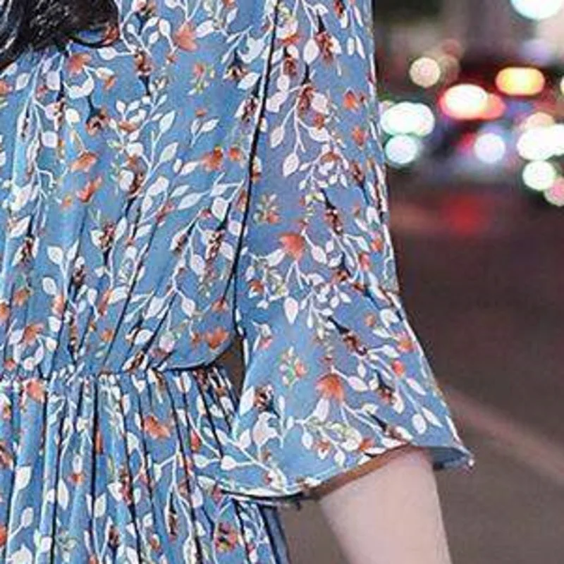 

Women's Chiffon Long Dresses 2021 New Summer Short Sleeve Floral Print Robes Women Vintage Flare Sleeve Vestidos De Mujer Casual