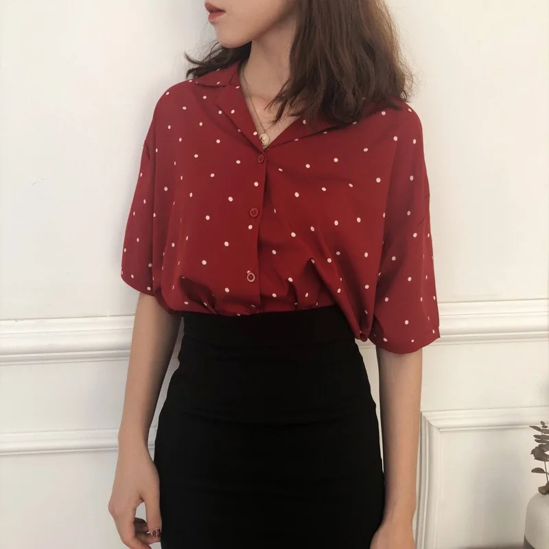 

Women's Chiffon Dot Print V-Neck Casual Short Sleeve Blouse